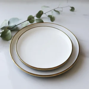 Gold Trim Ceramic Plate Set – 18.3cm Side Plate & 27.3cm Dinner Plate Pair, Elegant White Design