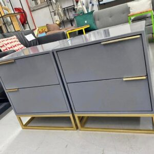 Modern 2-Drawer Bedside Pedestal Set – Glossy Grey with Gold Handles, Custom Size Options – 2 Piece MDF Nightstand Set